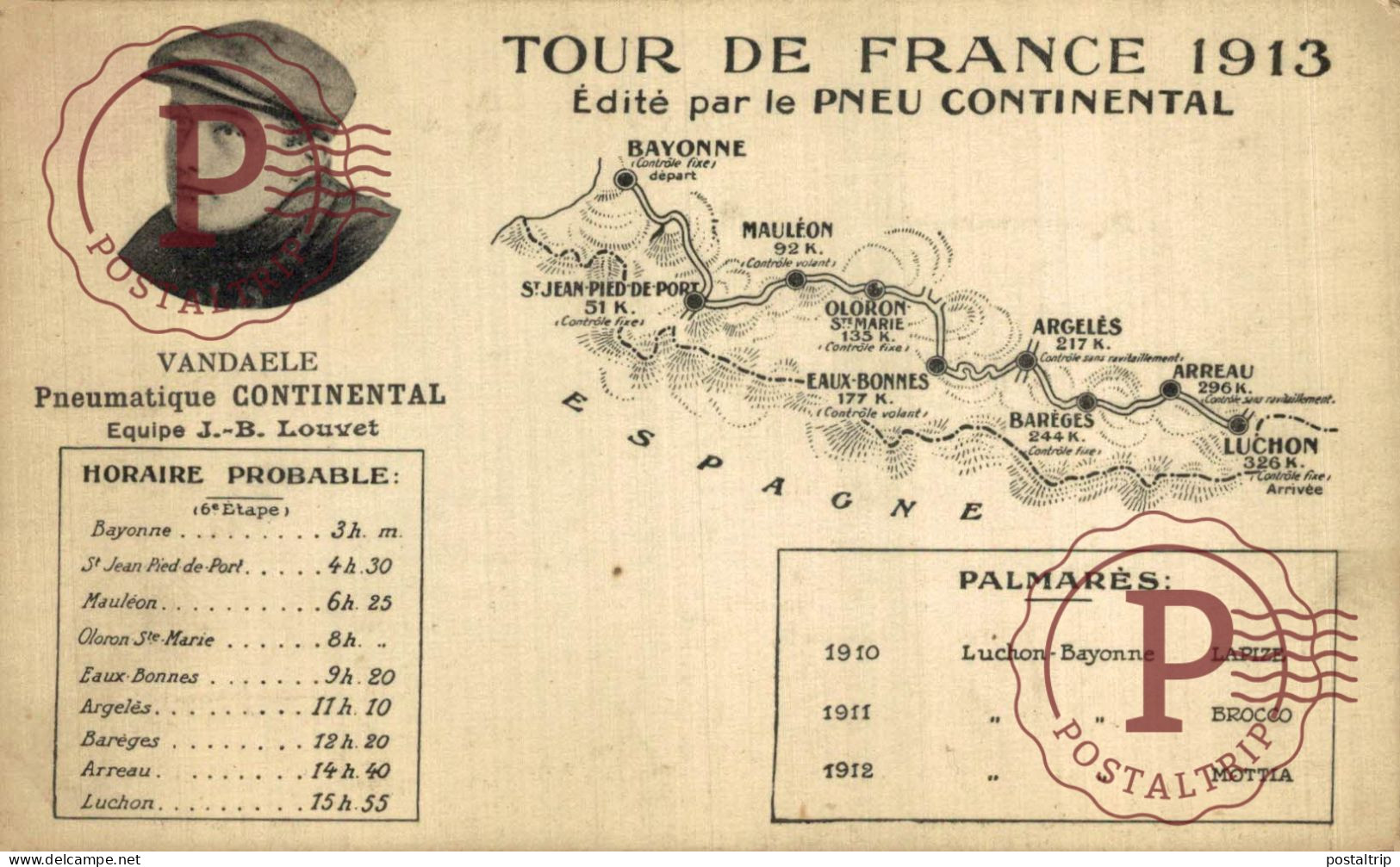 CICLISIMO. CYCLING. VELO. CYCLISME. TOUR DE FRANCE 1913. Pneu Continental Vandaele - équipe J.B - Cycling