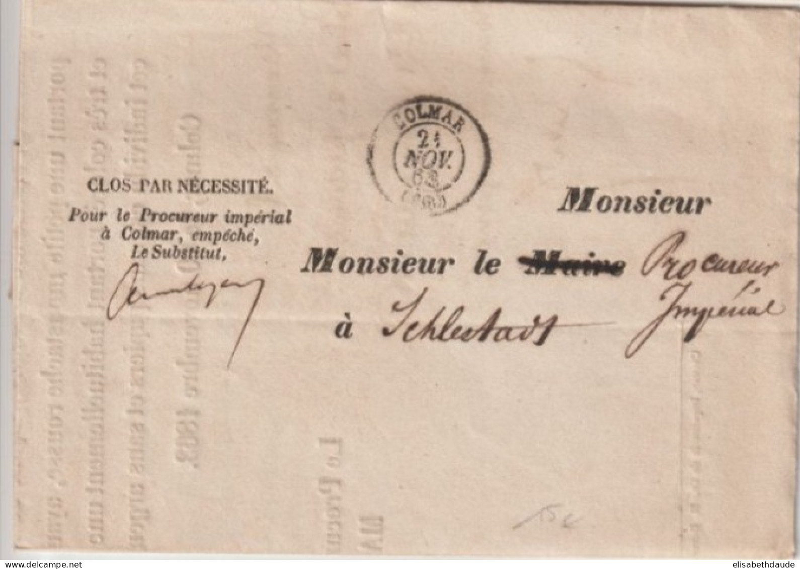1863 - FRANCHISE Du PROCUREUR De COLMAR ! LETTRE RECHERCHE ASSASSINAT à INGERSHEIM ! => SELESTAT (ALSACE) - Civil Frank Covers