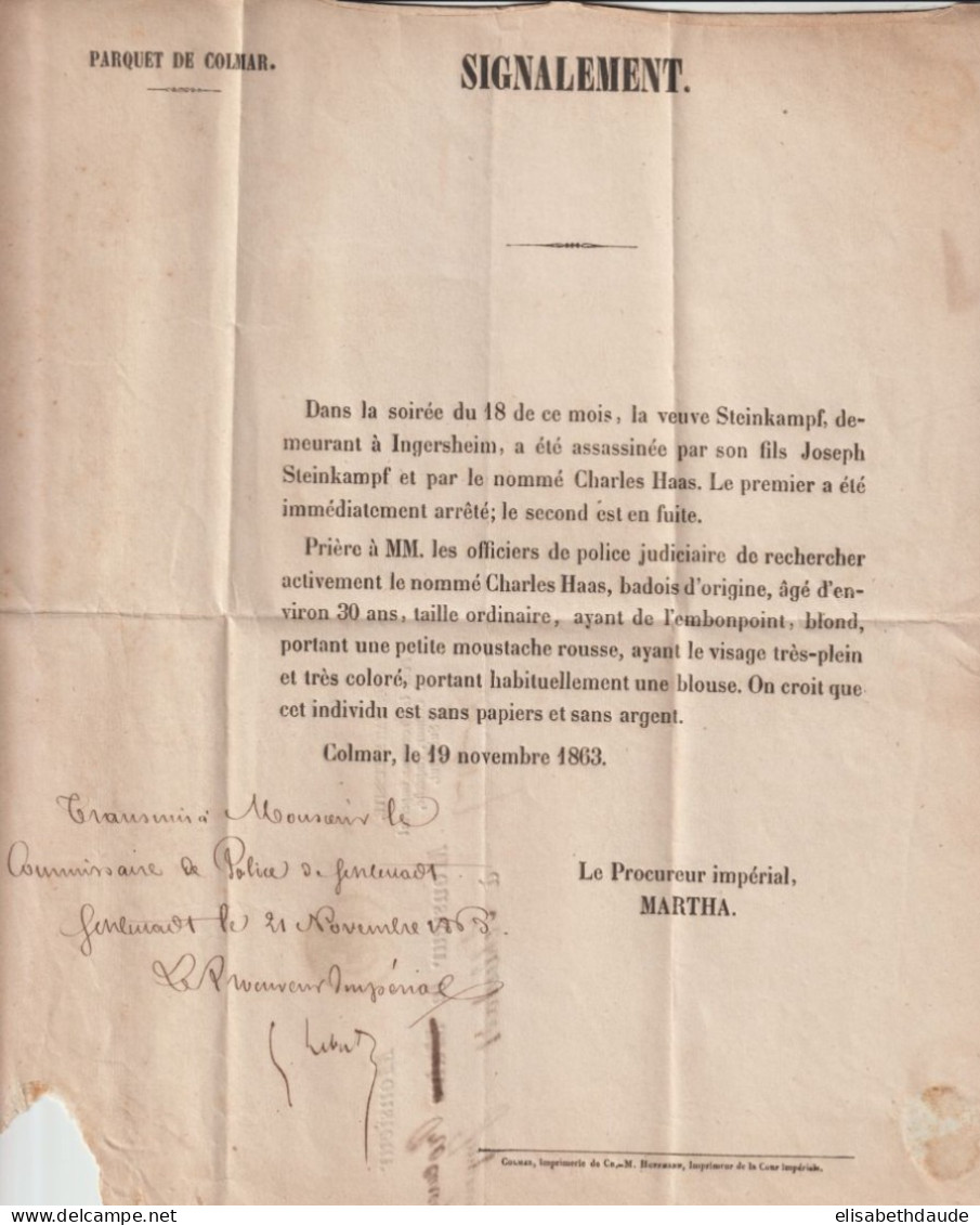 1863 - FRANCHISE Du PROCUREUR De COLMAR ! LETTRE RECHERCHE ASSASSINAT à INGERSHEIM ! => SELESTAT (ALSACE) - Frankobriefe