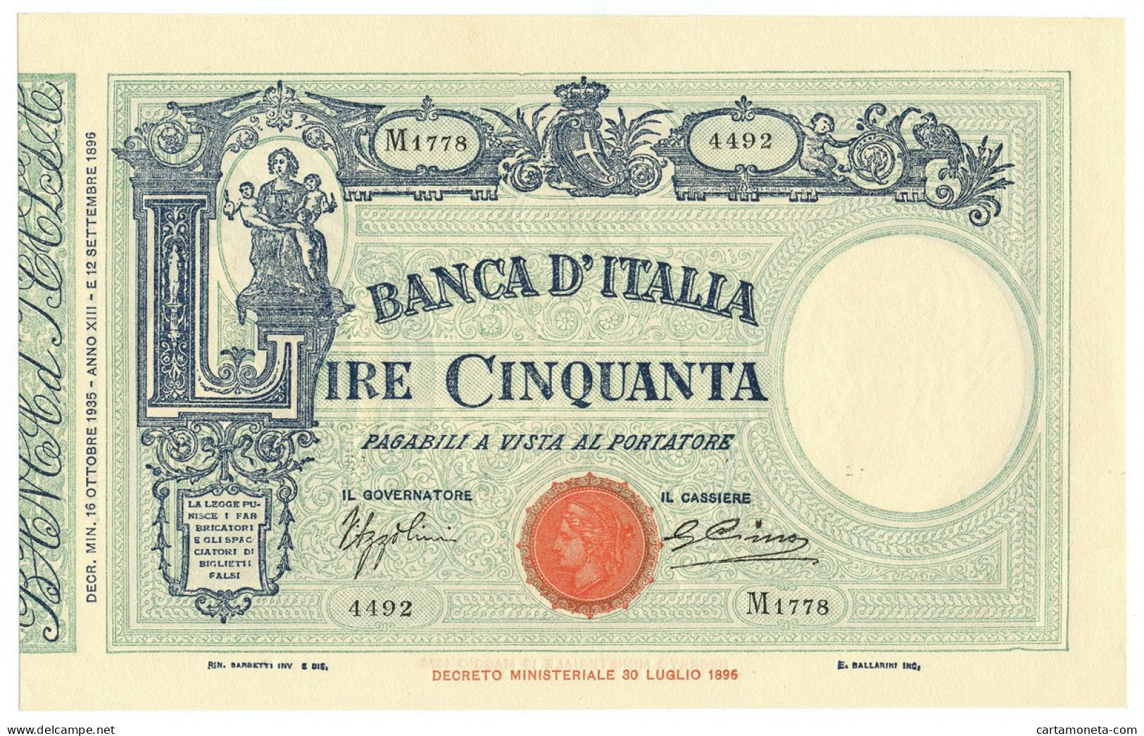 50 LIRE BARBETTI GRANDE L MATRICE LATERALE TESTINA FASCIO 16/10/1935 QFDS - Regno D'Italia – Other