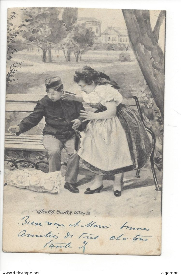 31773 - Scolik Wien Couple Sur Un Banc Devant Bébé Emmailloté Circulée 1902 - Scolik, Charles