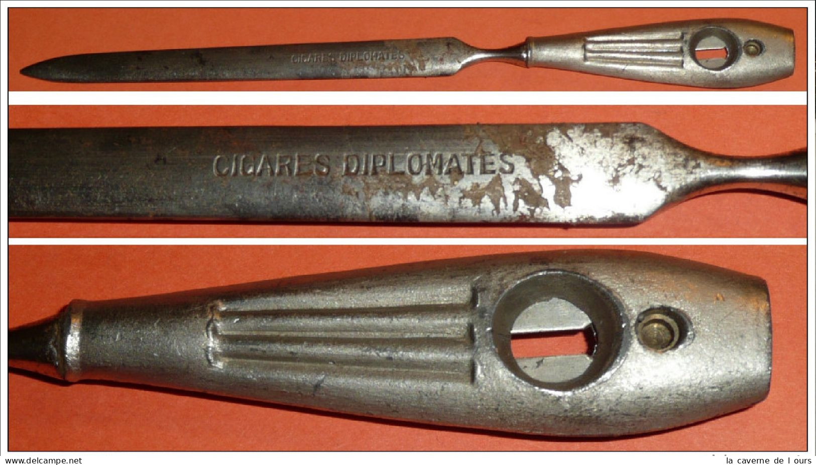 Rare Coupe-papier Ouvre-lettres Publicitaire En Métal, Cigares DIPLOMATES, Système Dans Le Manche Objet De Bureau - Briefopener