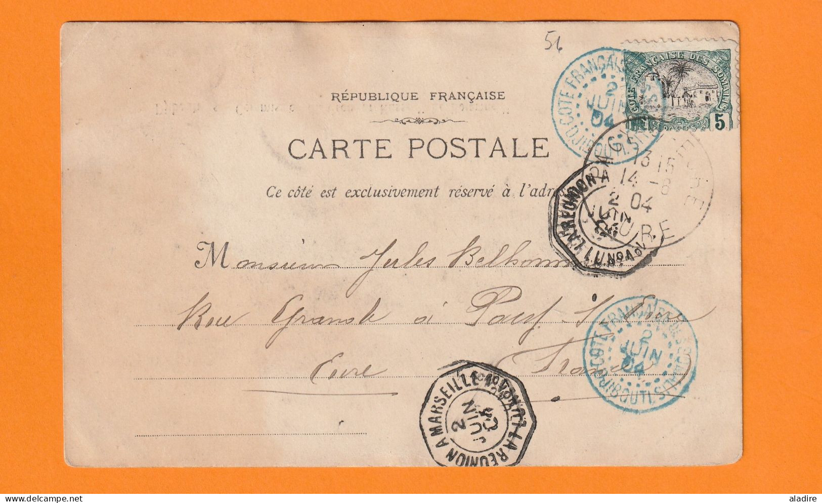 1904 - CP De DJIBOUTI, Côte Française Des Somalis Vers Pacy Sur Eure Via La Réunion à Marseille - Brieven En Documenten