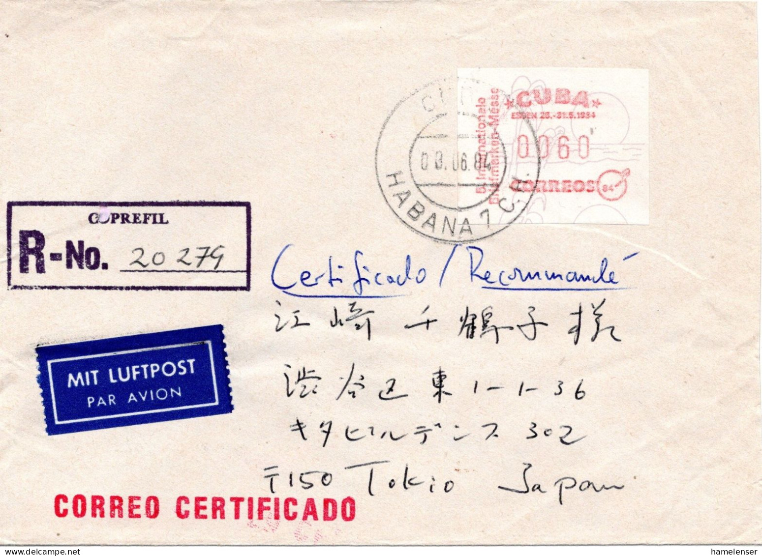 71705 - Cuba - 1984 - 60c ATM "Messe Essen" EF A R-LpBf HABANA -> Japan - Franking Labels