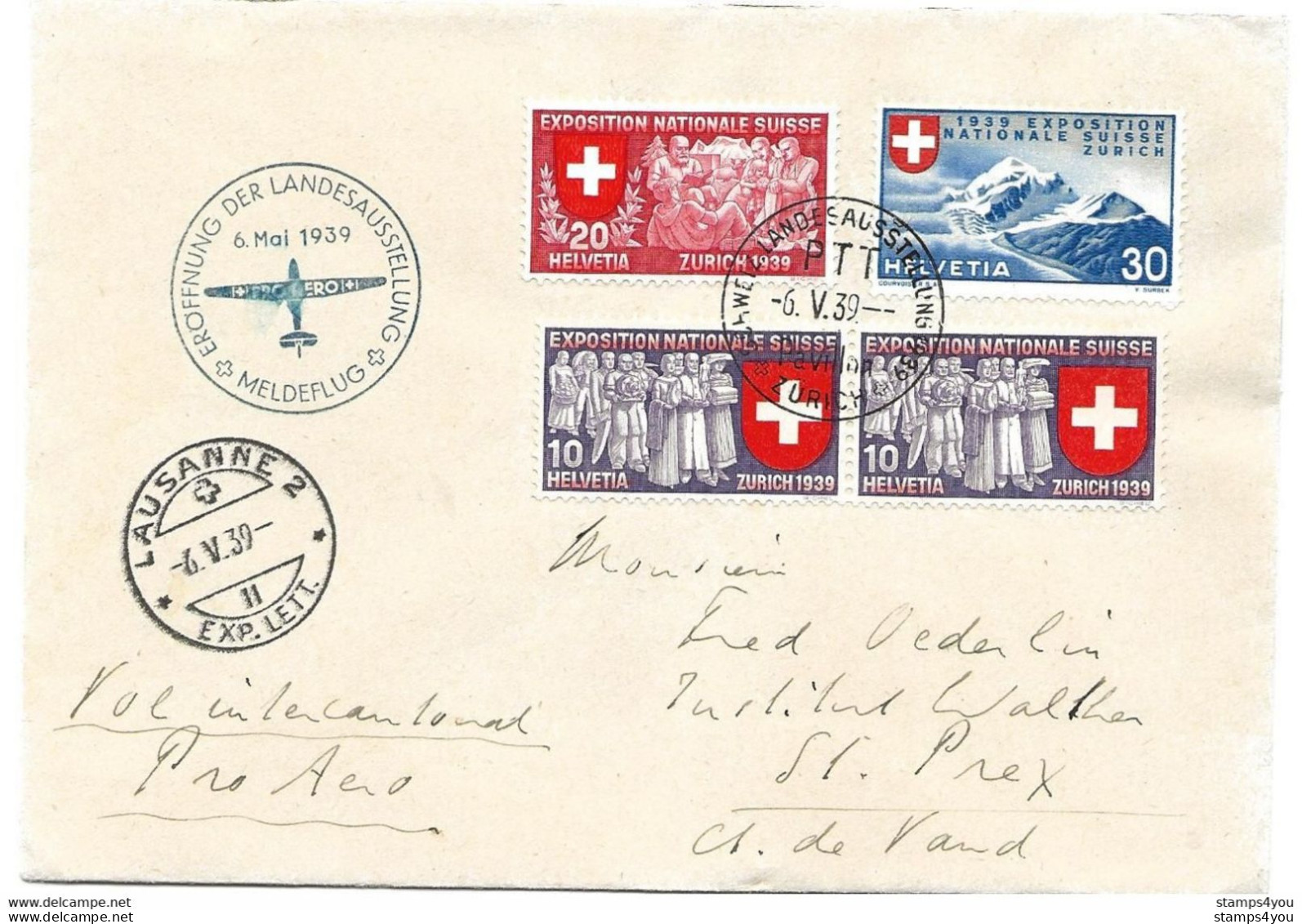 13 - 67 - Enveloppe "Meldeflug Expo 39 Zürich-Lausanne" 1939 - Other & Unclassified