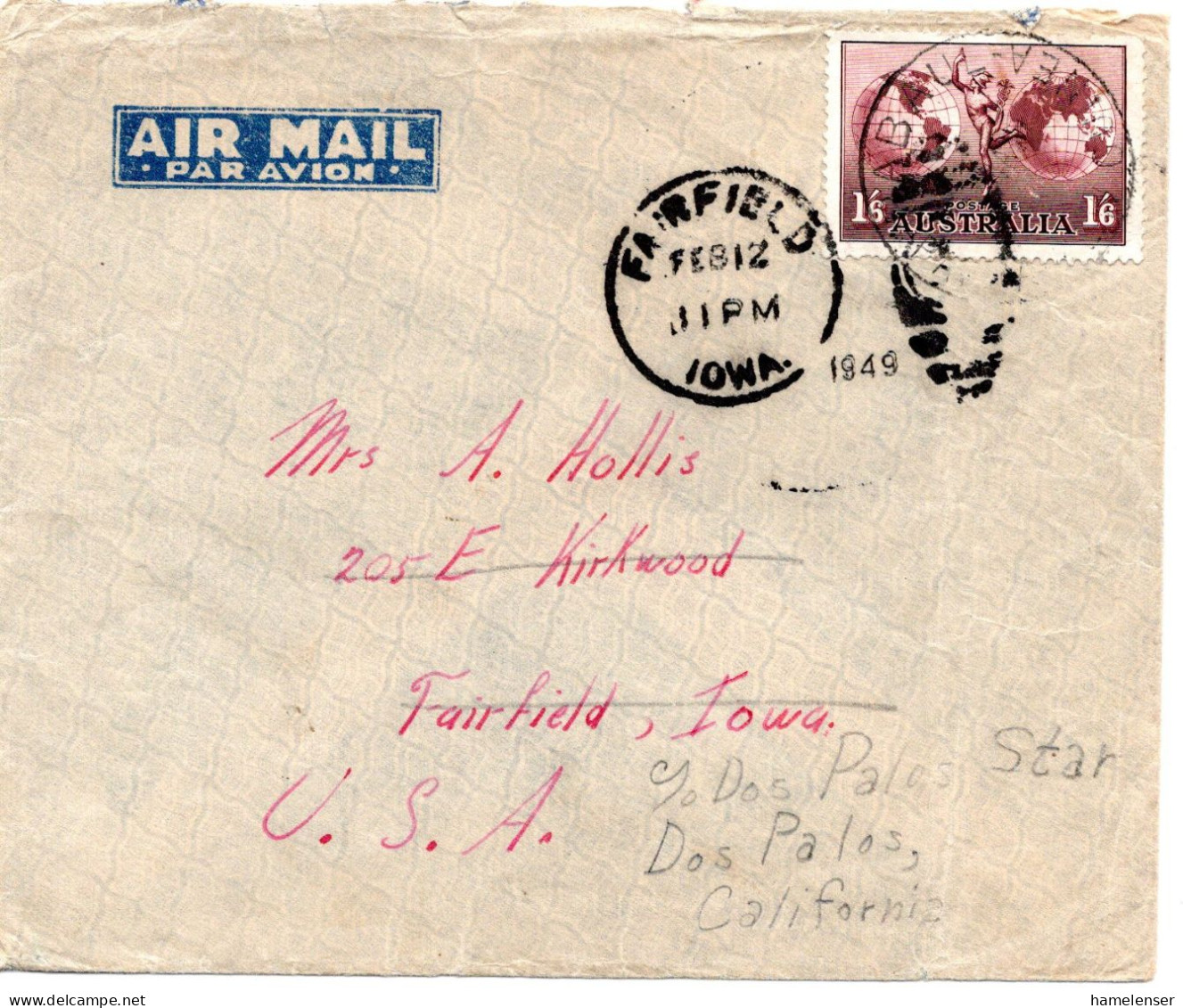 71709 - Papua-Neuguinea - 1949 - Australien 1'6 Luftpost EF A LpBf RABAUL -> FAIRFIELD IOWA (USA), Nachgesandt - Papua-Neuguinea