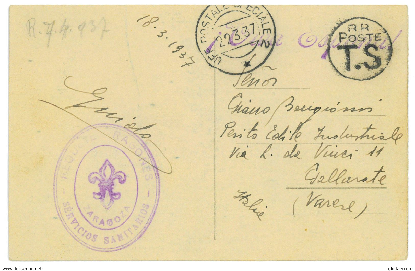 P2340 - ESPAÑA GUERRA CIVIL, TROPAS ITALIANAS, POSTAL EN FRANQUICIA CON MATASELLOS UFFICIO SPECIALE 2 (ZARAGOZA)  - Otros & Sin Clasificación