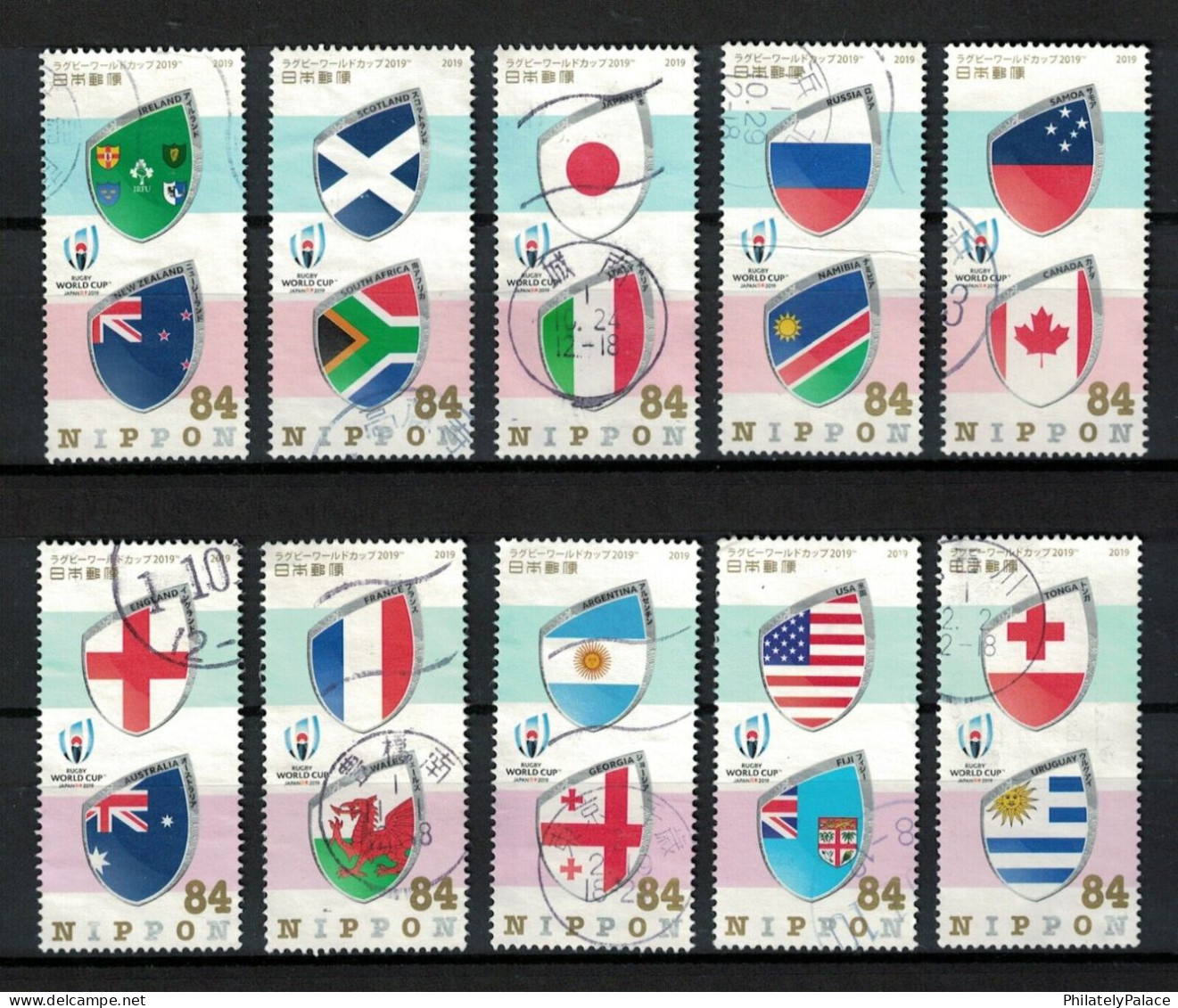 JAPAN 2019 RUGBY WORLD CUP,ENGLAND,AUSTRALIA,FRANCE,WALES,ARGENTINA,GEORGIA,USA,FIJI,TONGA,URUGUAY,10V Used SET - Gebruikt