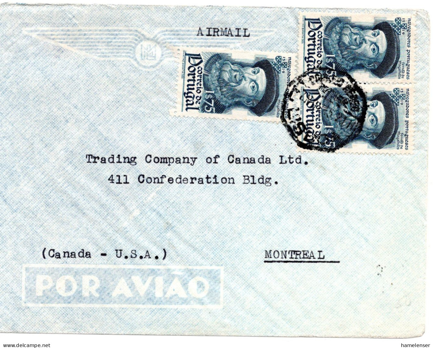 71718 - Portugal - 1945 - 3@1$75 Magellan A LpBf LISBOA -> Montreal, PQ (Canada) - Storia Postale