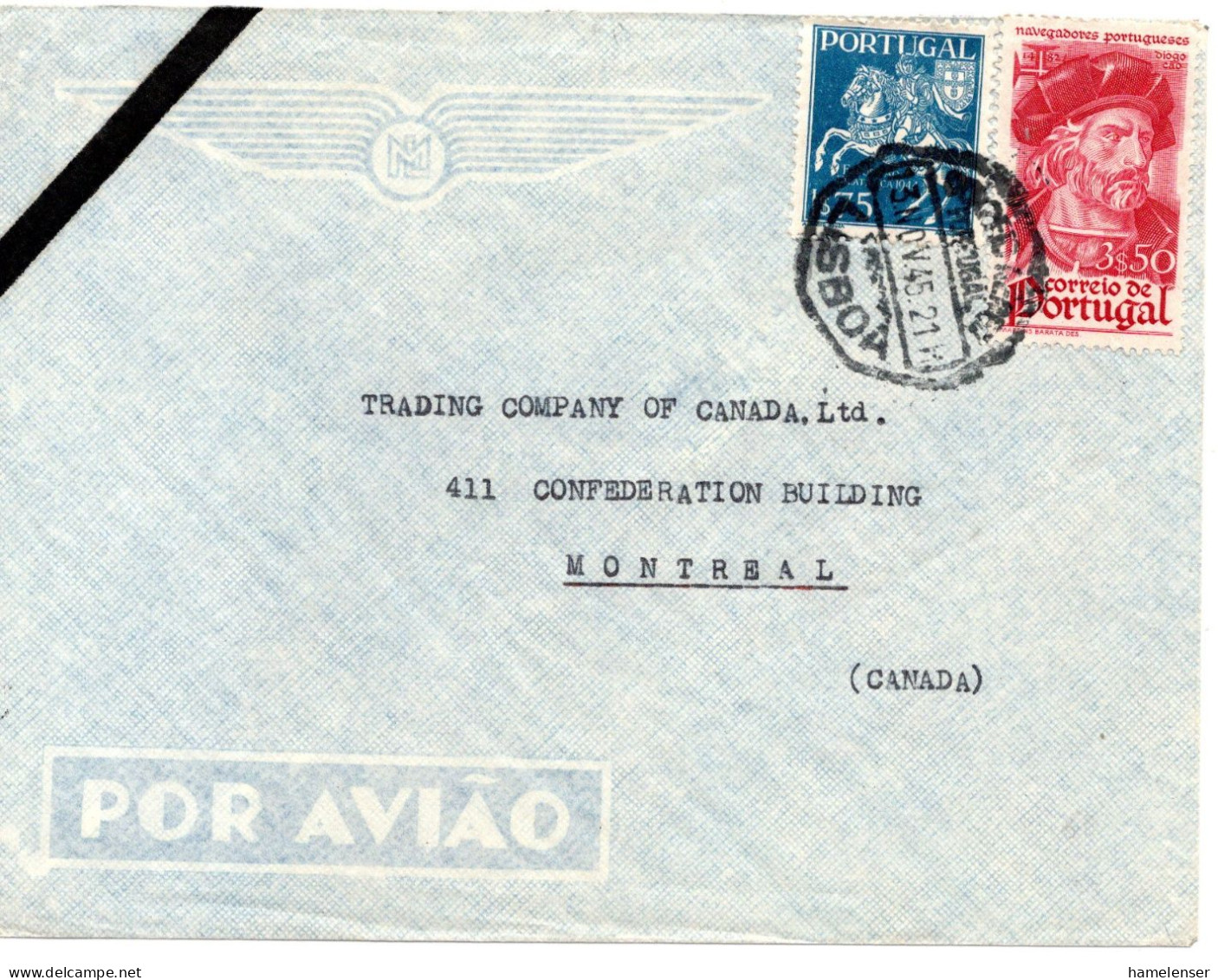 71719 - Portugal - 1945 - 3$5o Cao MiF A LpBf LISBOA -> Montreal, PQ (Canada) - Briefe U. Dokumente