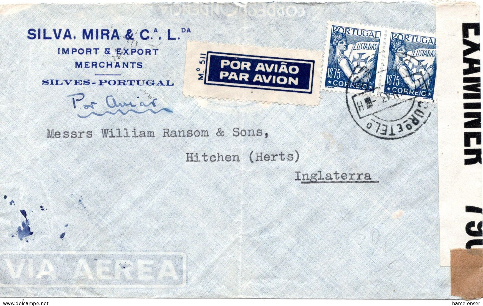 71720 - Portugal - 1943 - 2@1$75 Lusiaden A LpBf SILVES -> LISBOA -> Grossbritannien, M Brit Zensur - Brieven En Documenten