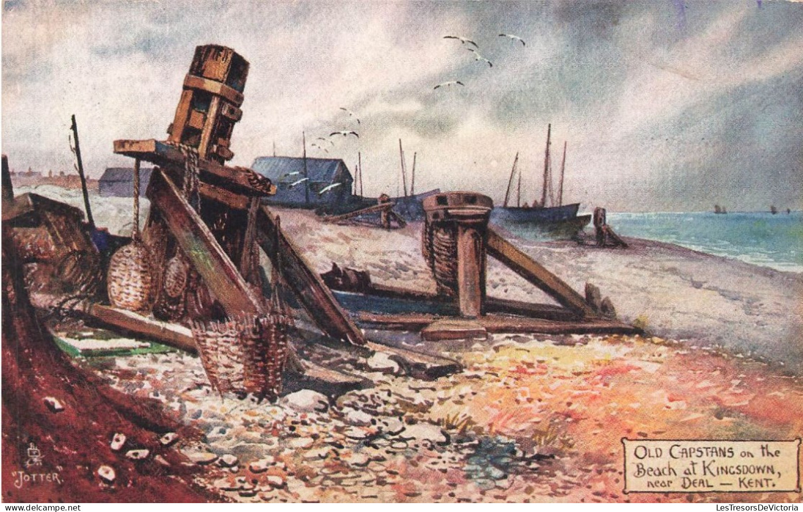 PEINTURES - TABLEAUX - Old Capstans On The Beach At Kingsdown - Jotter - Colorisé - Carte Postale Ancienne - Peintures & Tableaux