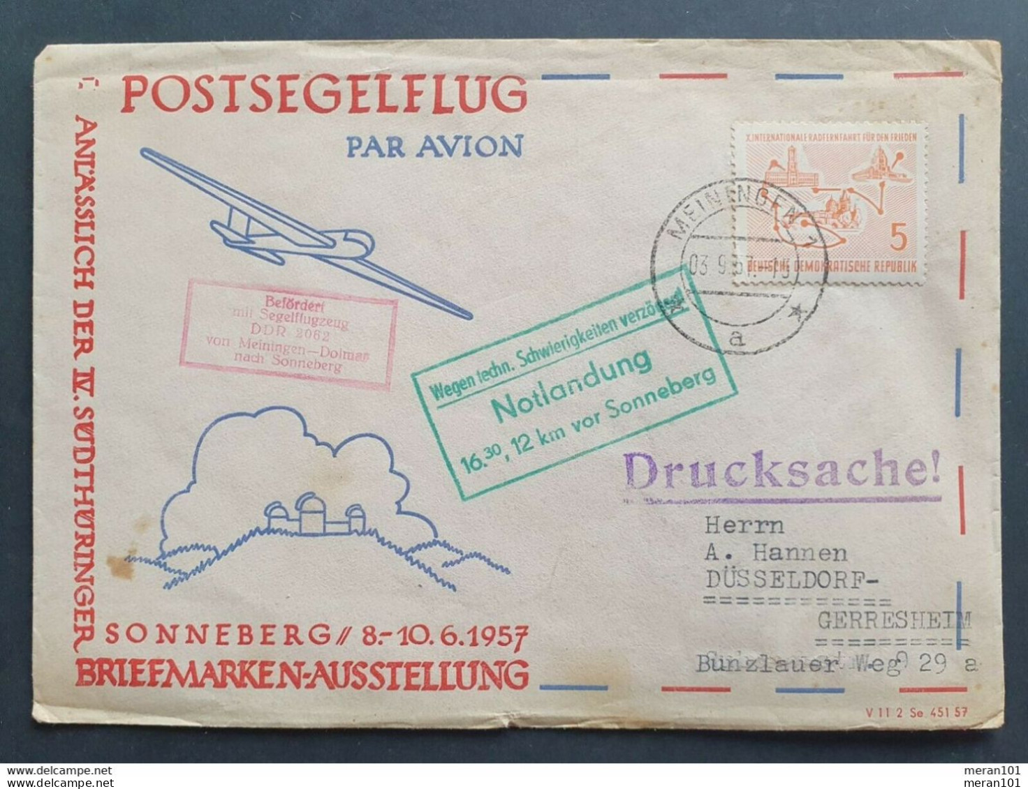 DDR 1957, Privater Umschlag POSTSEGELFLUG SONNENBERG Meiningen - Poste Aérienne