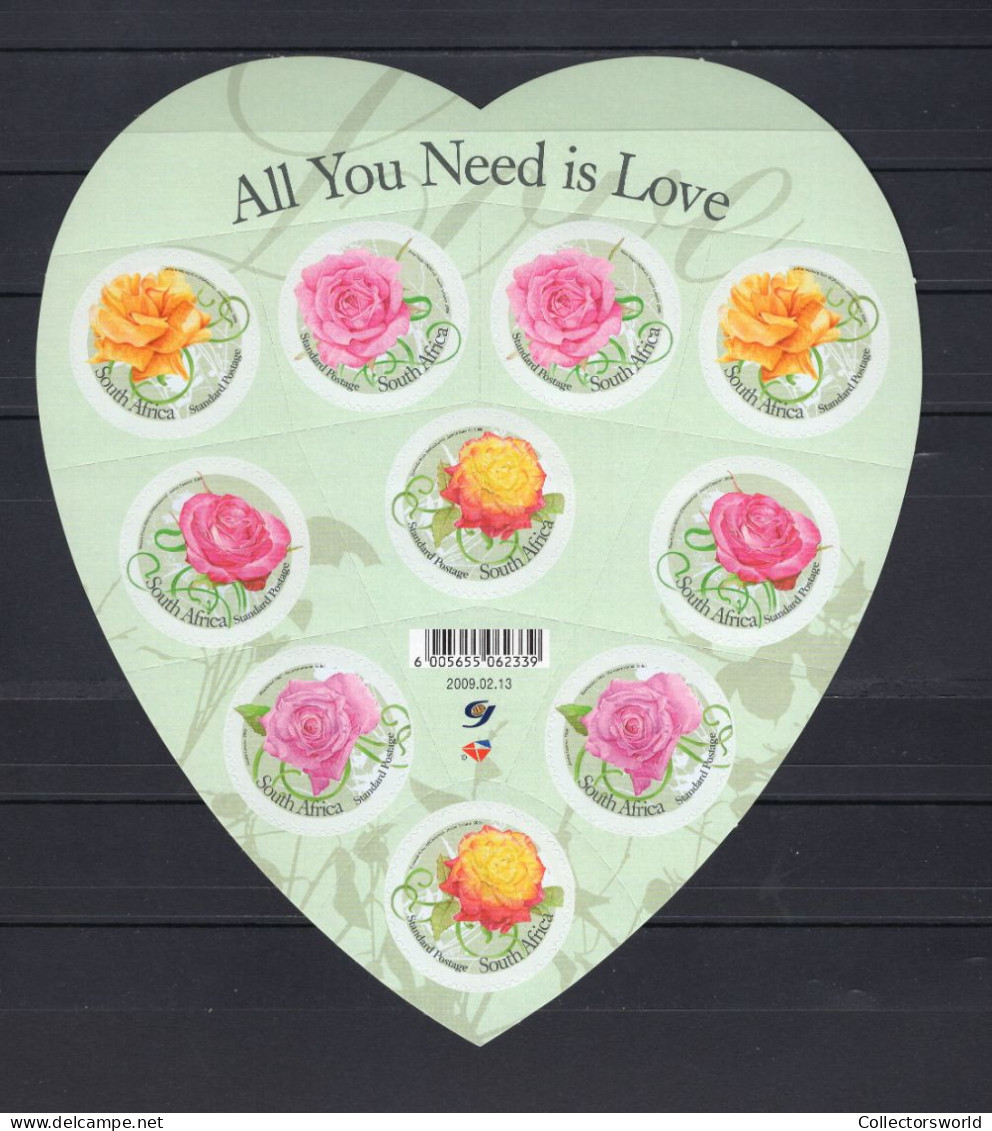 South Africa Sheet Heart Shape 10v 2009 All You Need Is Love Valentine Roses Flowers FLora Rose Self-Adh.MNH - Nuevos