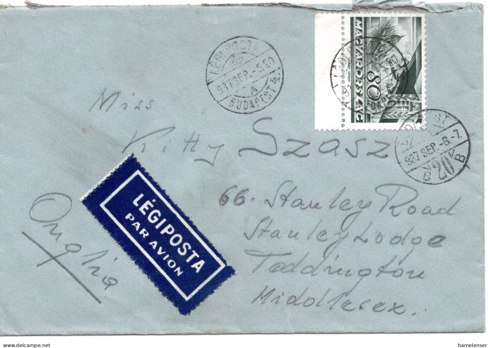 71726 - Ungarn - 1937 - 80f Luftpost EF A LpBf BUDAPEST -> Grossbritannien - Lettres & Documents