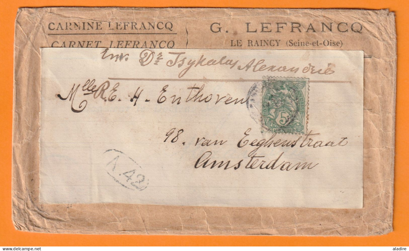 1905 - Enveloppe Commerciale (bureau Français Alexandrie) Vers AMSTERDAM, Nederland - 5 C Blanc Alexandrie - Briefe U. Dokumente