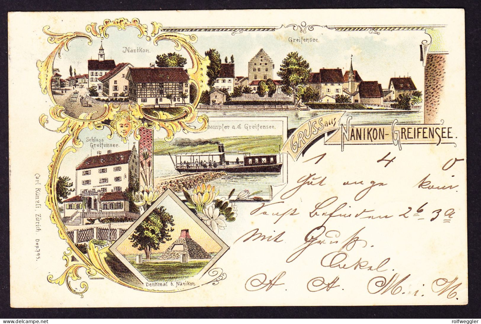 1901 Gelaufene Litho AK, 5 Bildrig, Mit Dampfschiff: Gruss Aus Nänikon, Greifensee. Rückseitig Etwas Fleckig. - Greifensee