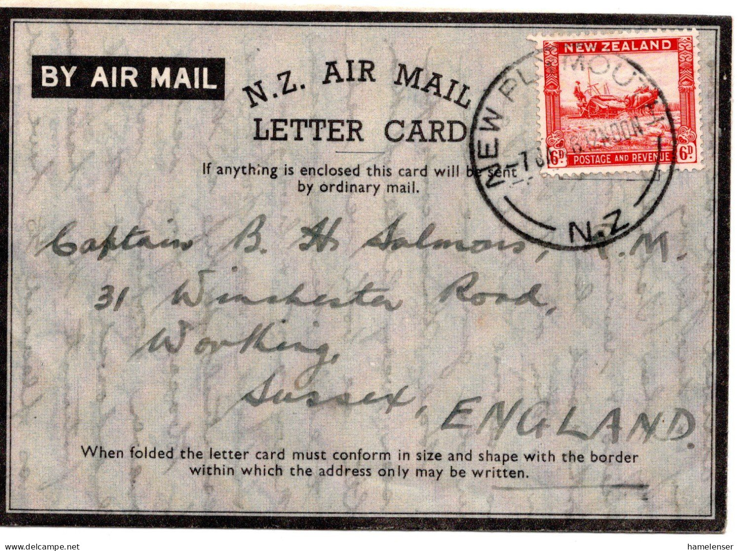 71730 - Neuseeland - 1946 - 6d Landwirtschaft EF A Aerogramm NEW PLYMOUTH -> Grossbritannien - Lettres & Documents