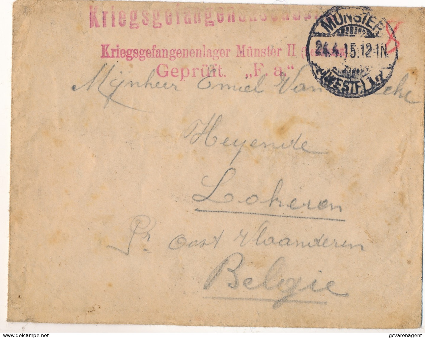 KRIEGSGEFANGENELAGER MÜNSTER II  1915  GEPRÜFT  NAAR LOKEREN  BELGIE   2 SCANS - Prisoners