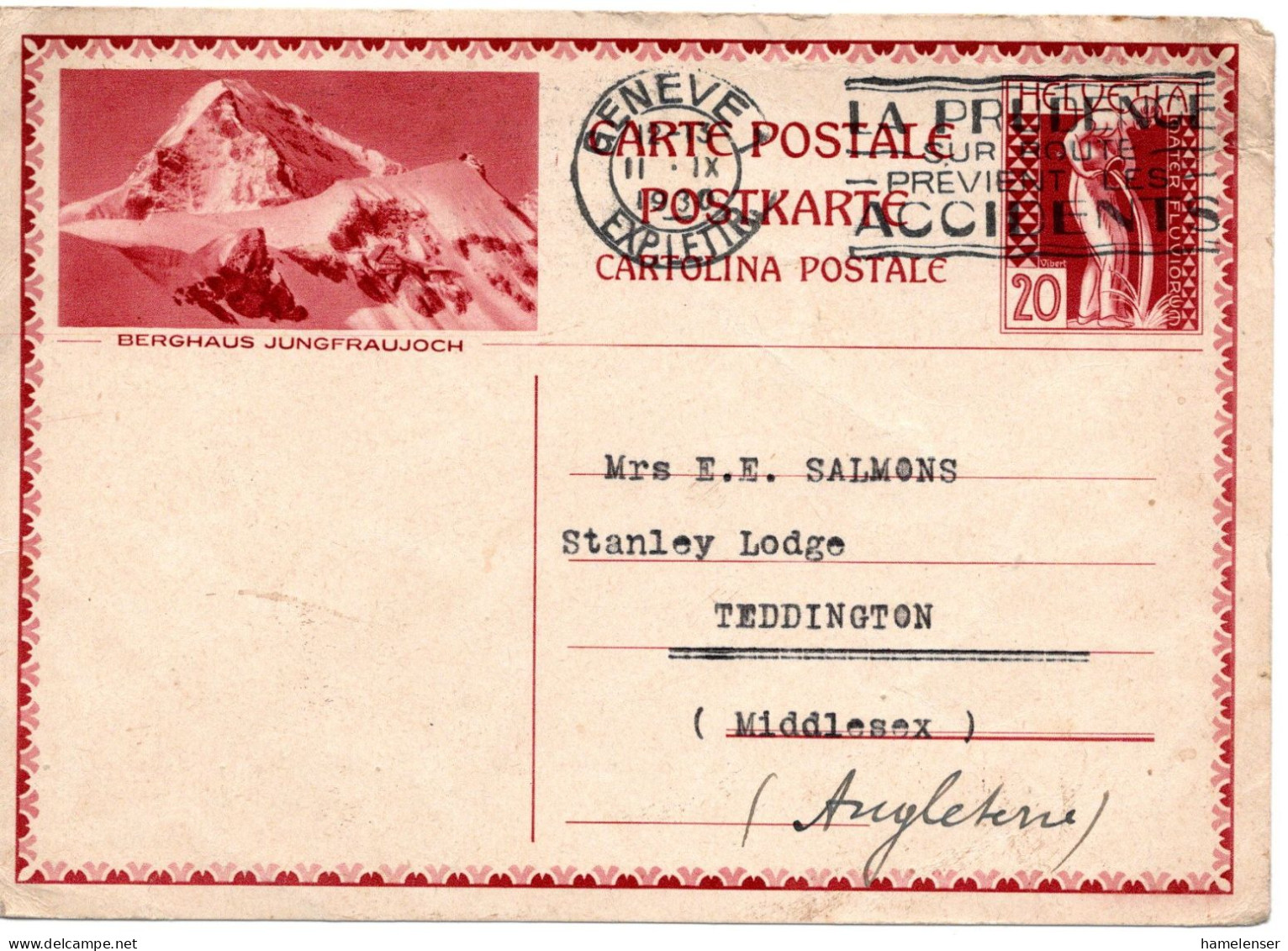 71732 - Schweiz - 1930 - 20Rp GAKte "Jungfraujoch" GENEVE - ... -> Grossbritannien - Briefe U. Dokumente