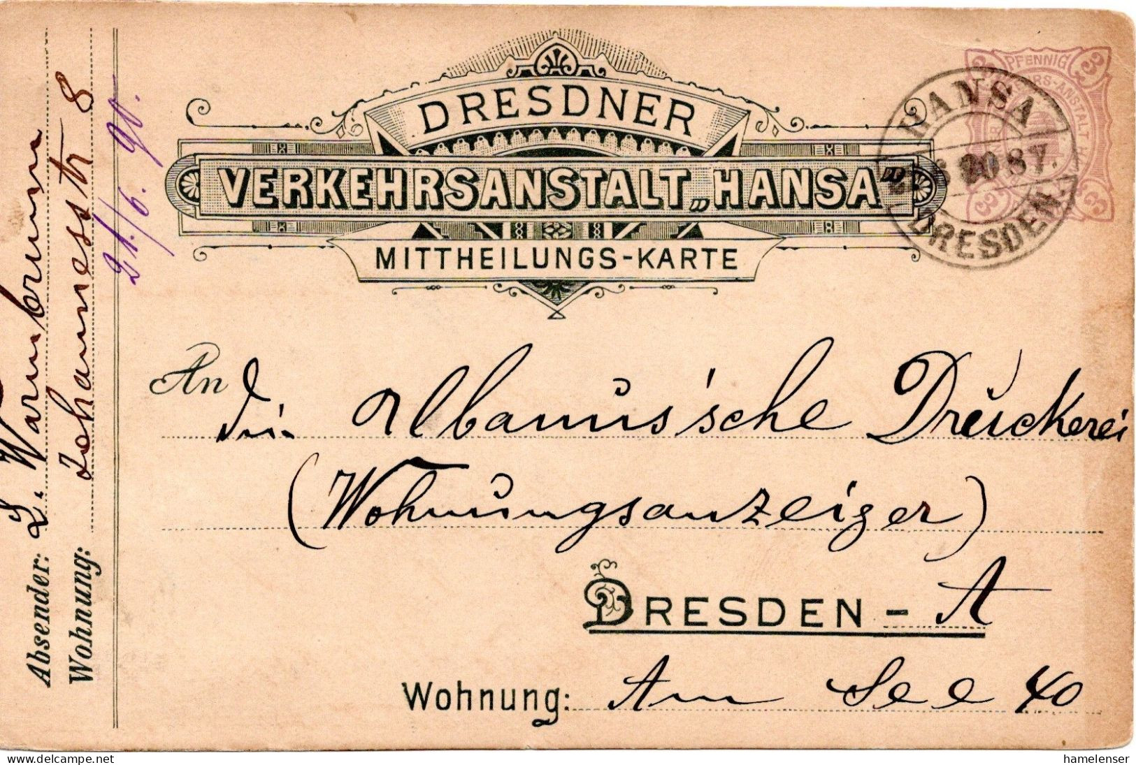 71740 - Deutsches Reich / Privatpost / Dresden - 1890 - 3Pfg GAKte HANSA DRESDEN - Private & Lokale Post