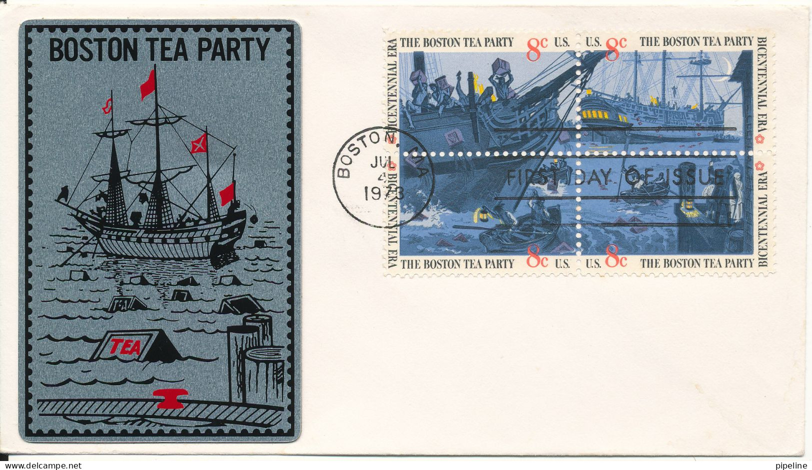 USA FDC Boston 4-7-1973 Boston Tea Party Set Of 4 In A Block Of 4 With METAL Cachet - 1971-1980