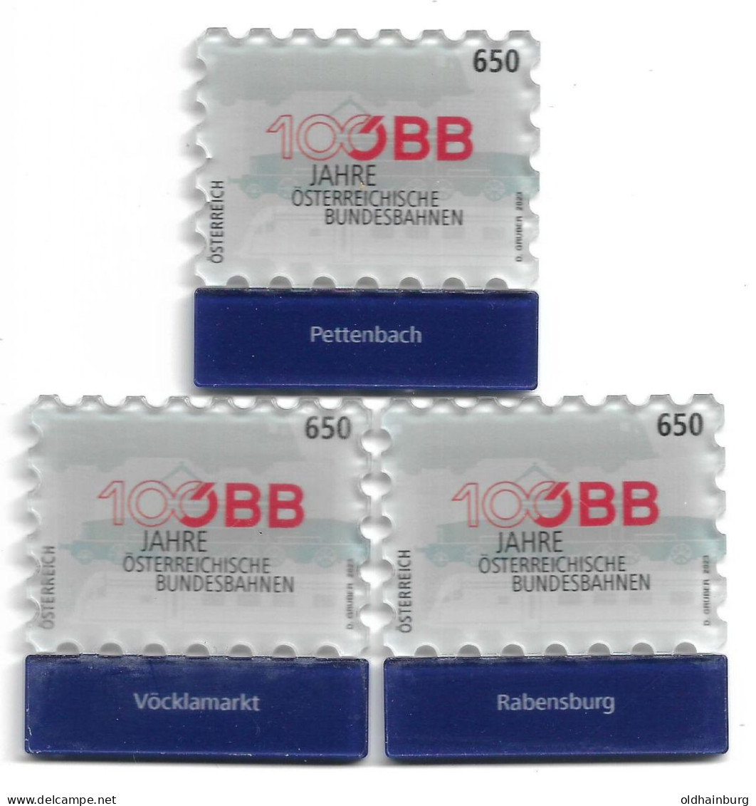 3250a: Österreich 2023, 100 Jahre ÖBB, Bahnhöfe Pettenbach+ Vöcklamarkt+ Rabensburg 3 Stück ** - Abarten & Kuriositäten