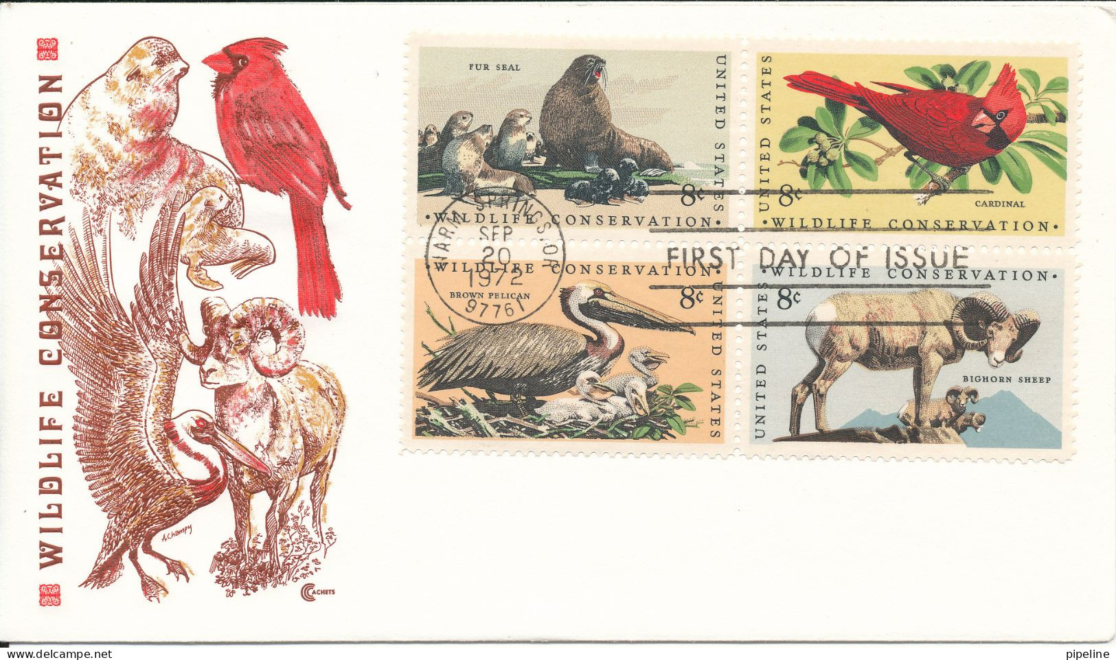 USA FDC Warm Springs 4-7-1972 Wildlife Conservation Set Of 4 In A Block Of 4 With Cover Craft Cachet - 1971-1980