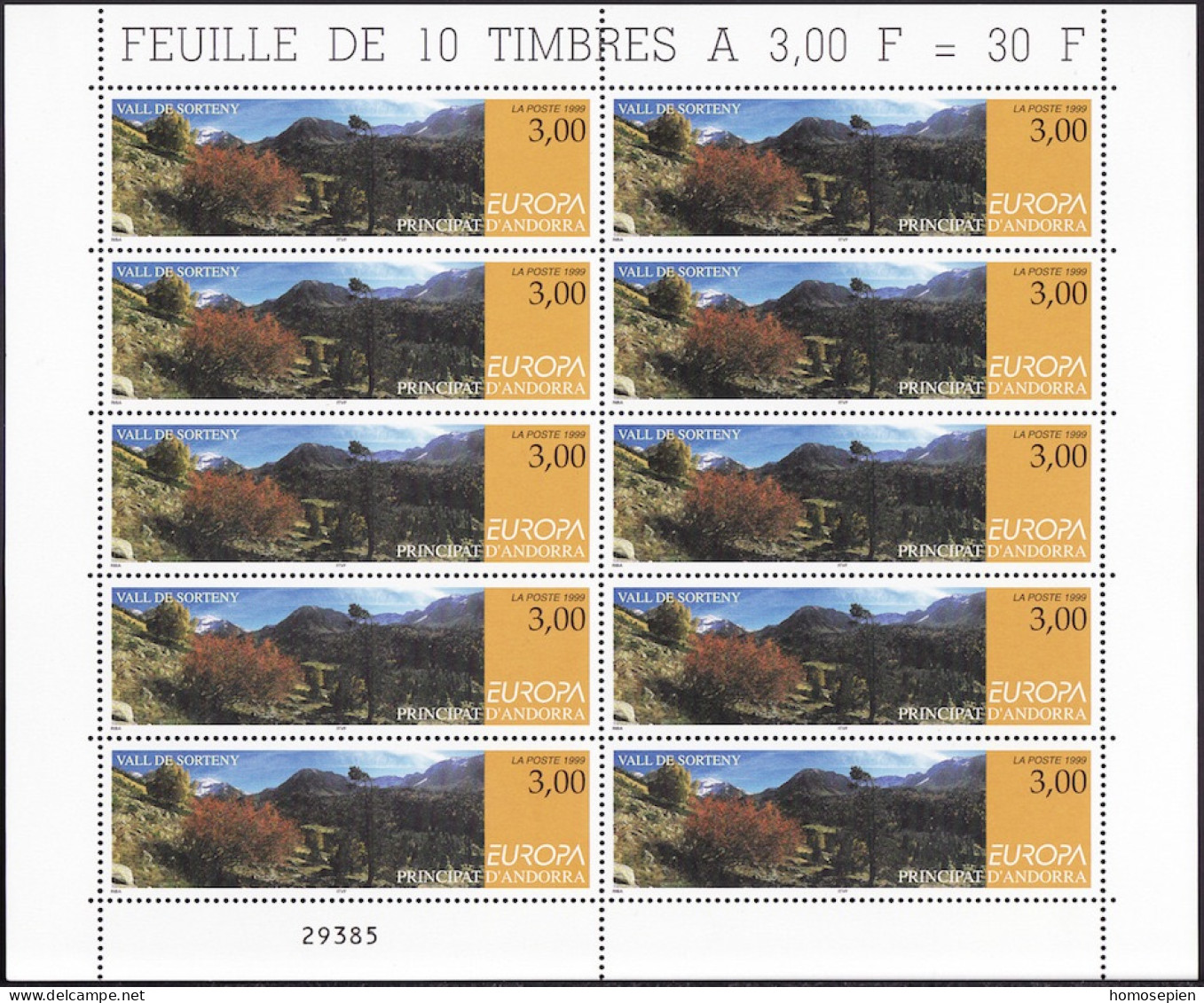 Andorre Français - Andorra Bloc Feuillet 1999 Y&T N°F514 - Michel N°KB535 *** - 3f EUROPA - Blokken & Velletjes