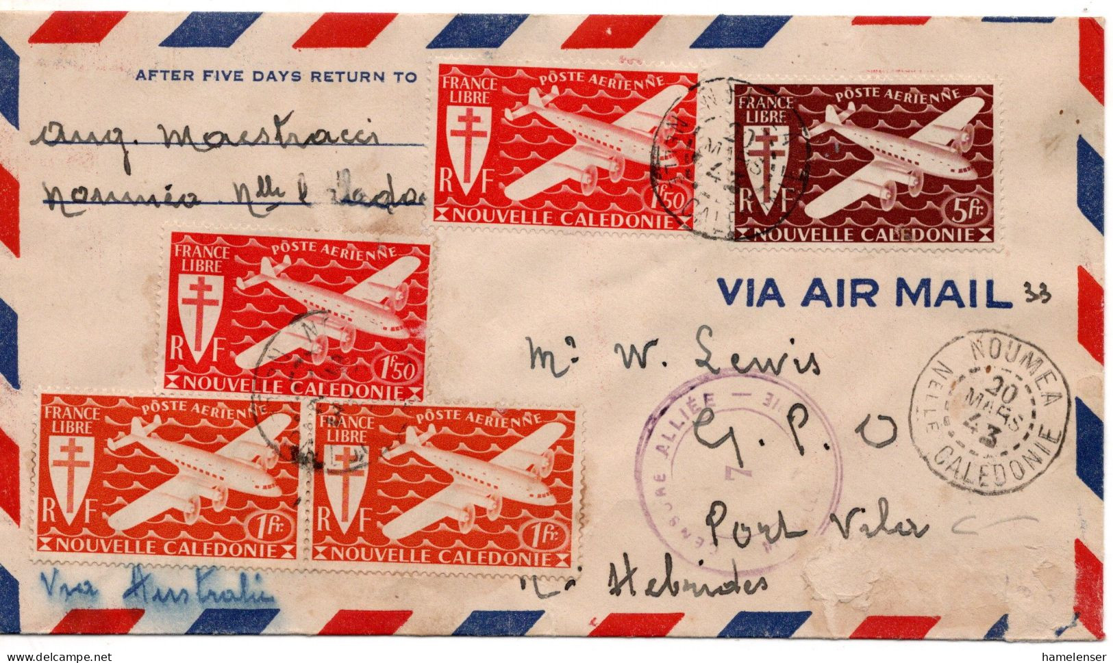 71745 - Neukaledonien - 1943 - 5F Luftpost MiF A LpBf NOUMEA -> Neue Hebriden, M Zensurstpl - Lettres & Documents