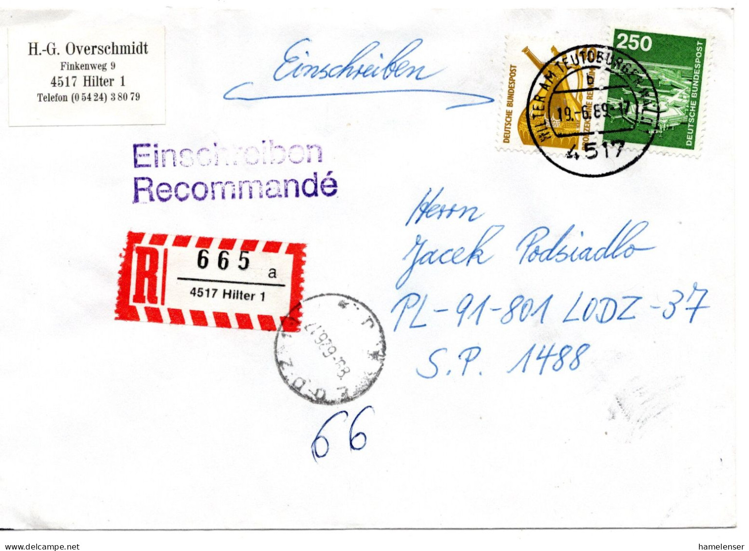 71750 - Bund - 1989 - 250Pfg I&T MiF A R-Bf HILTER -> LODZ (Polen) - Briefe U. Dokumente