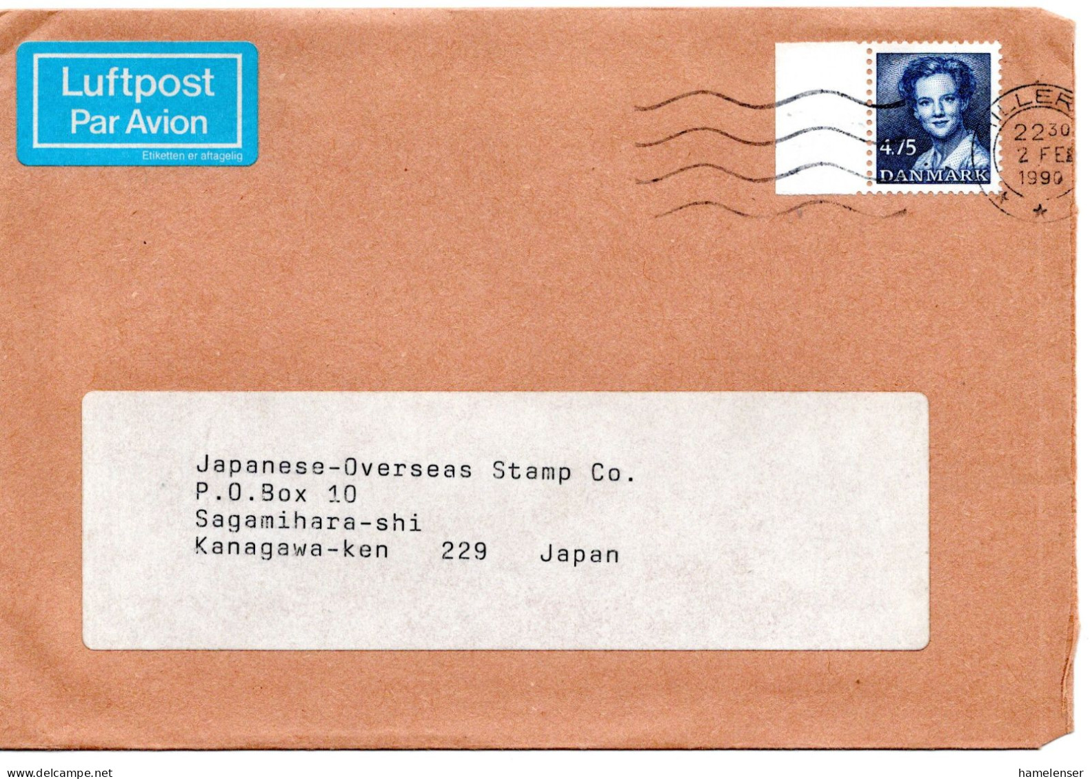71751 - Dänemark - 1990 - 4,75Kr Margarete EF A LpBf HILLEROD -> Japan - Lettres & Documents