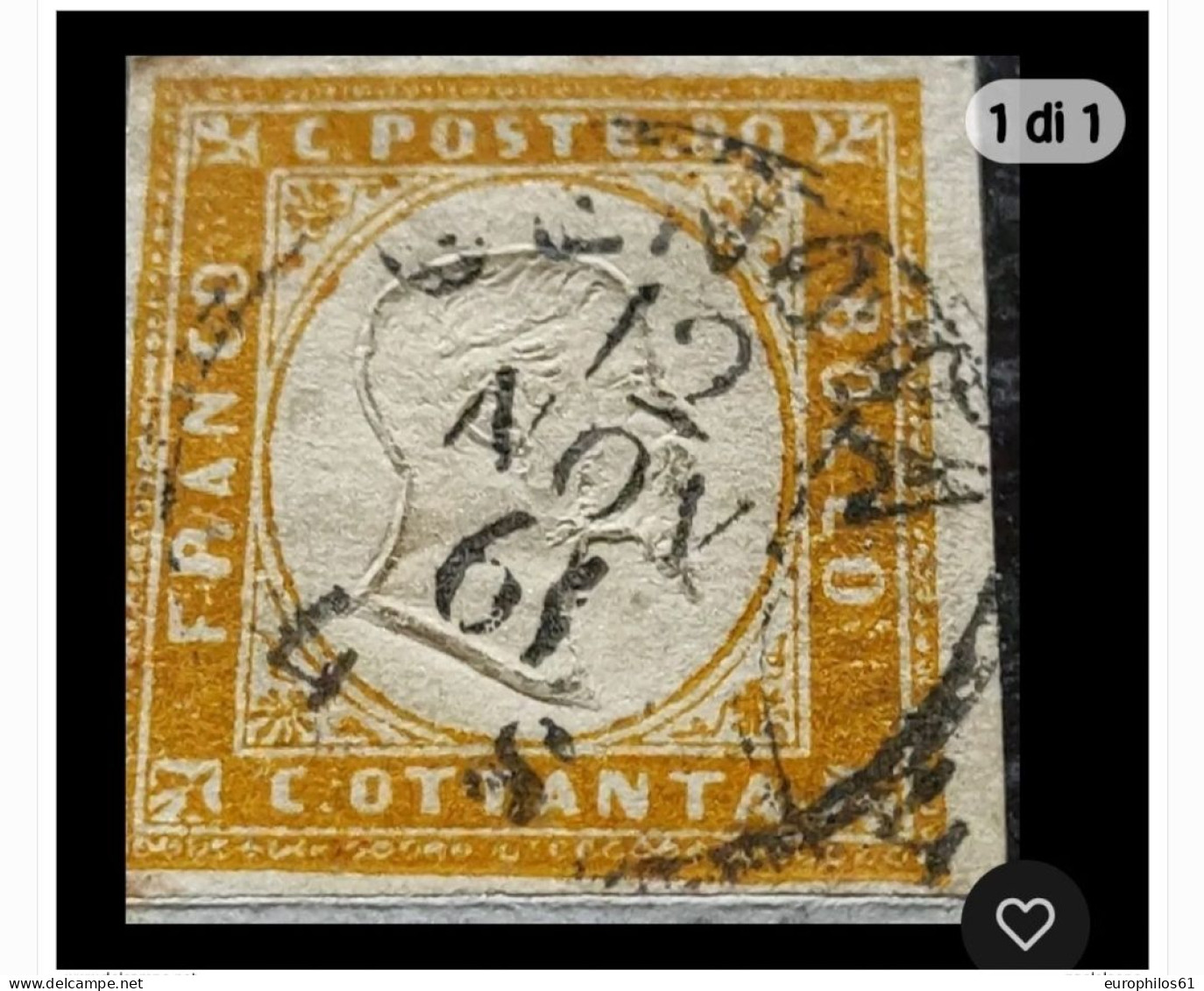 Sardegna 1861 80 Cent Giallo Arancio Su Frammento - Sardegna