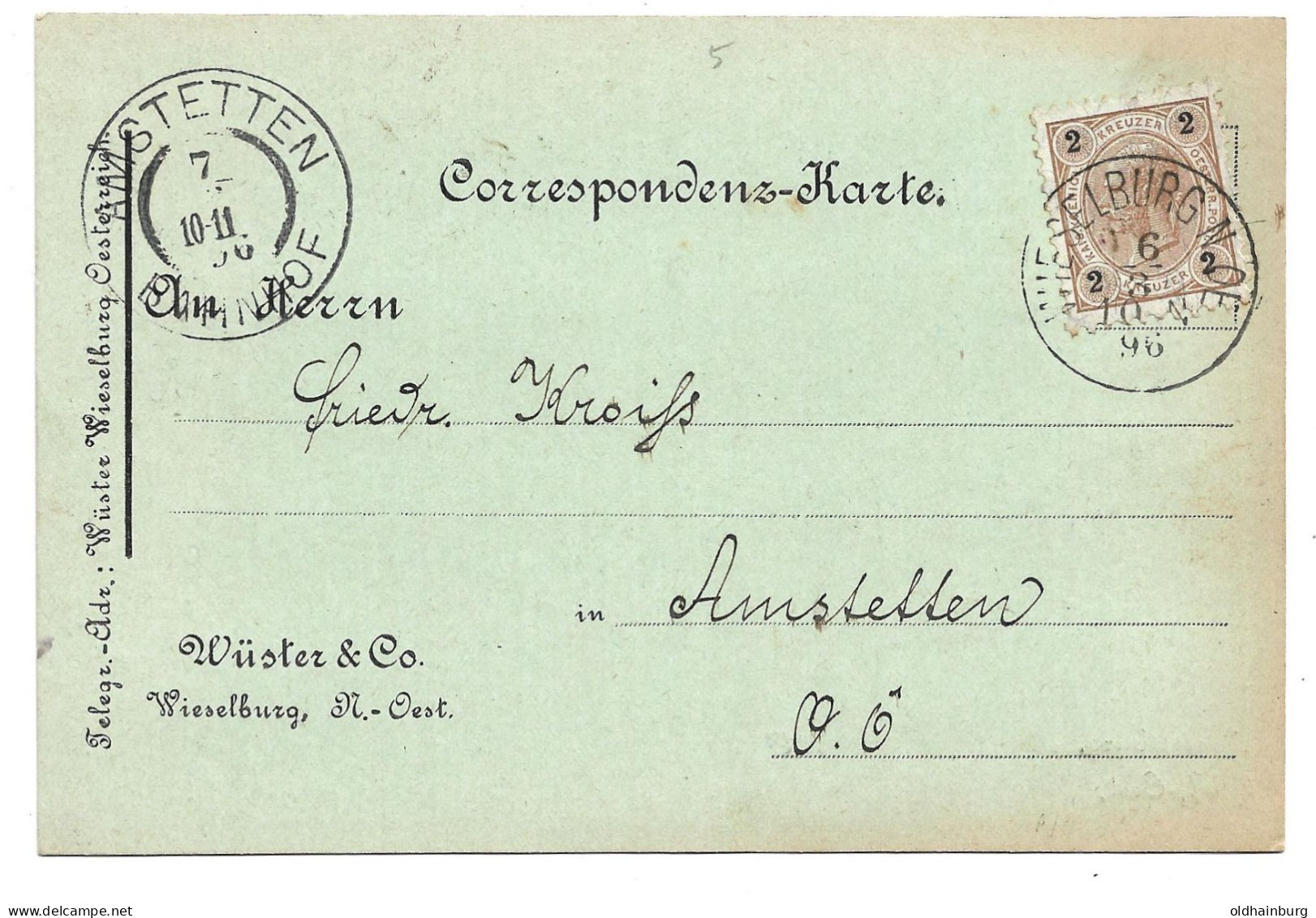 3250k: Correspondenzkarte Wieselburg Fa. Wüster & Co, Gelaufen 1896 Nach Amstetten - Scheibbs