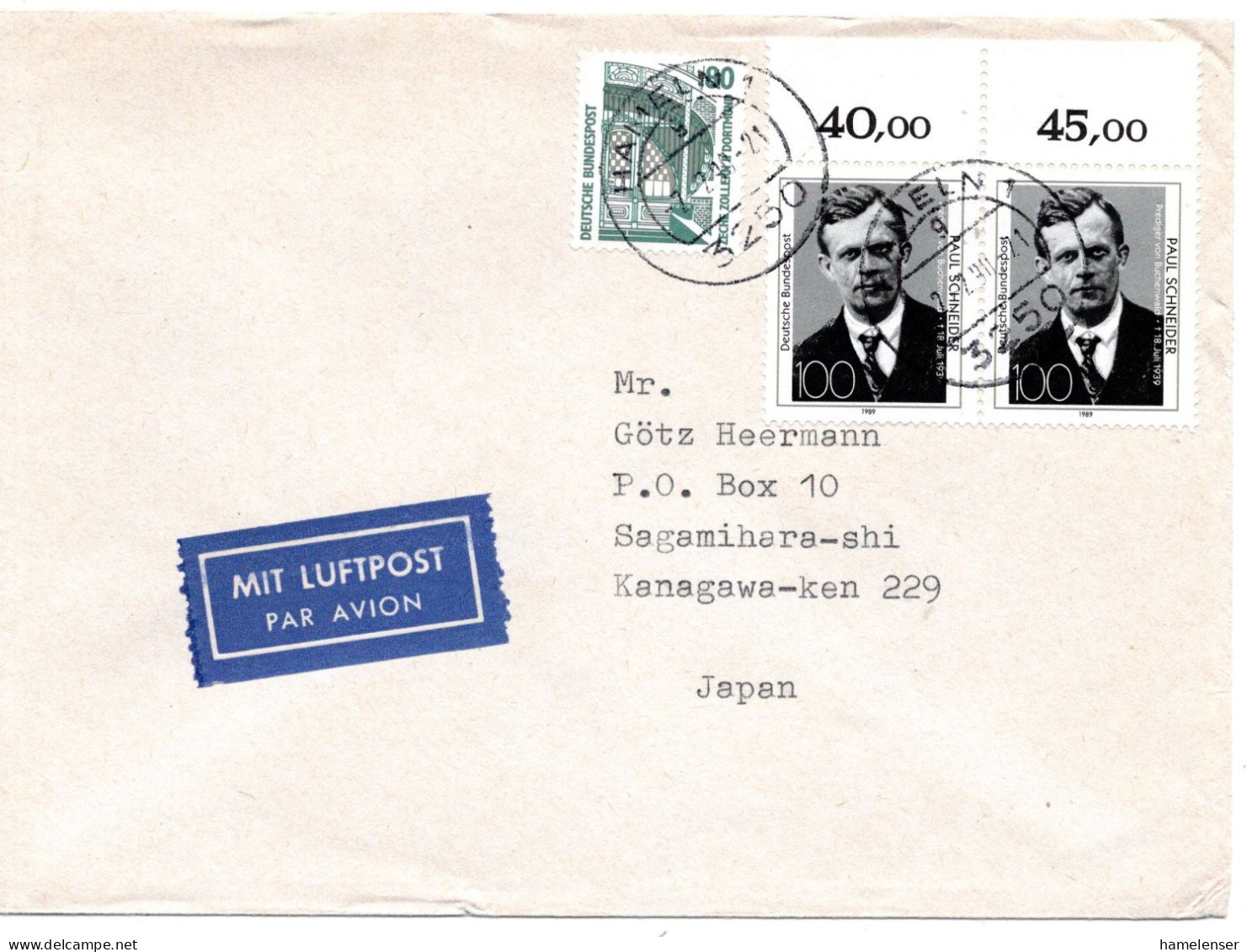 71752 - Bund - 1990 - 2@100Pfg Schneider MiF A LpBf HAMELN -> Japan - Covers & Documents