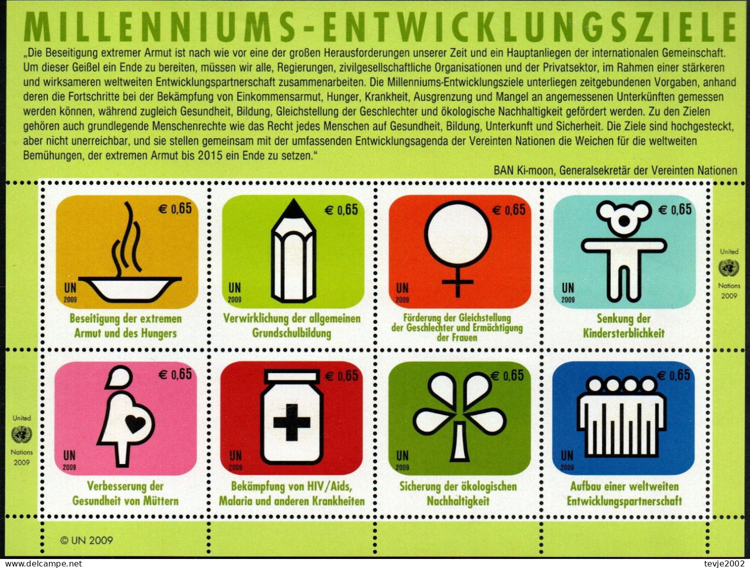 Vereinte Nationen UNO UN Wien 2009 - Mi.Nr.  612 - 619 Kleinbogen - Postfrisch MNH - Blocs-feuillets