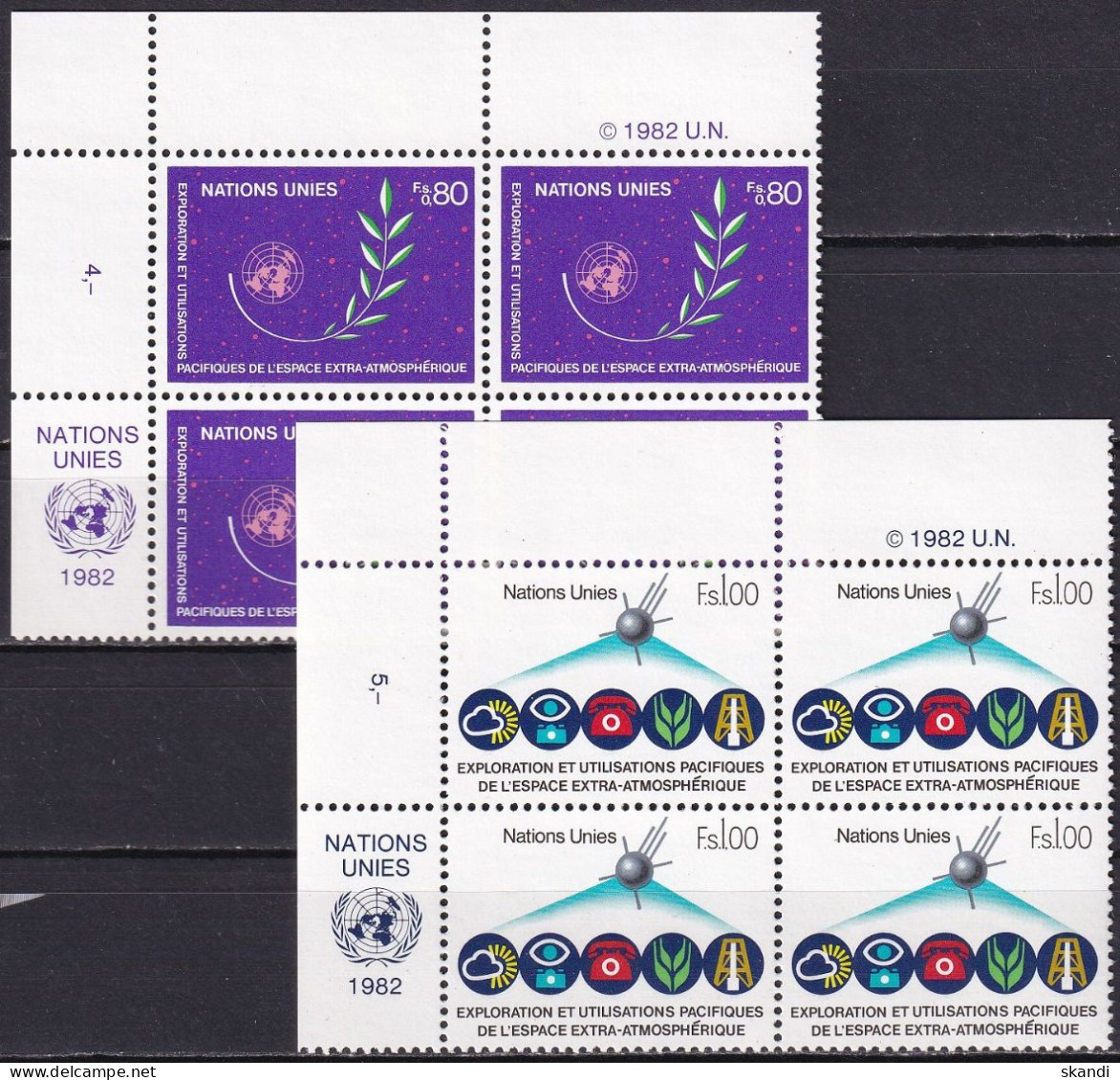 UNO GENF 1982 Mi-Nr. 107/08 Eckrand-Viererblocks ** MNH - Neufs