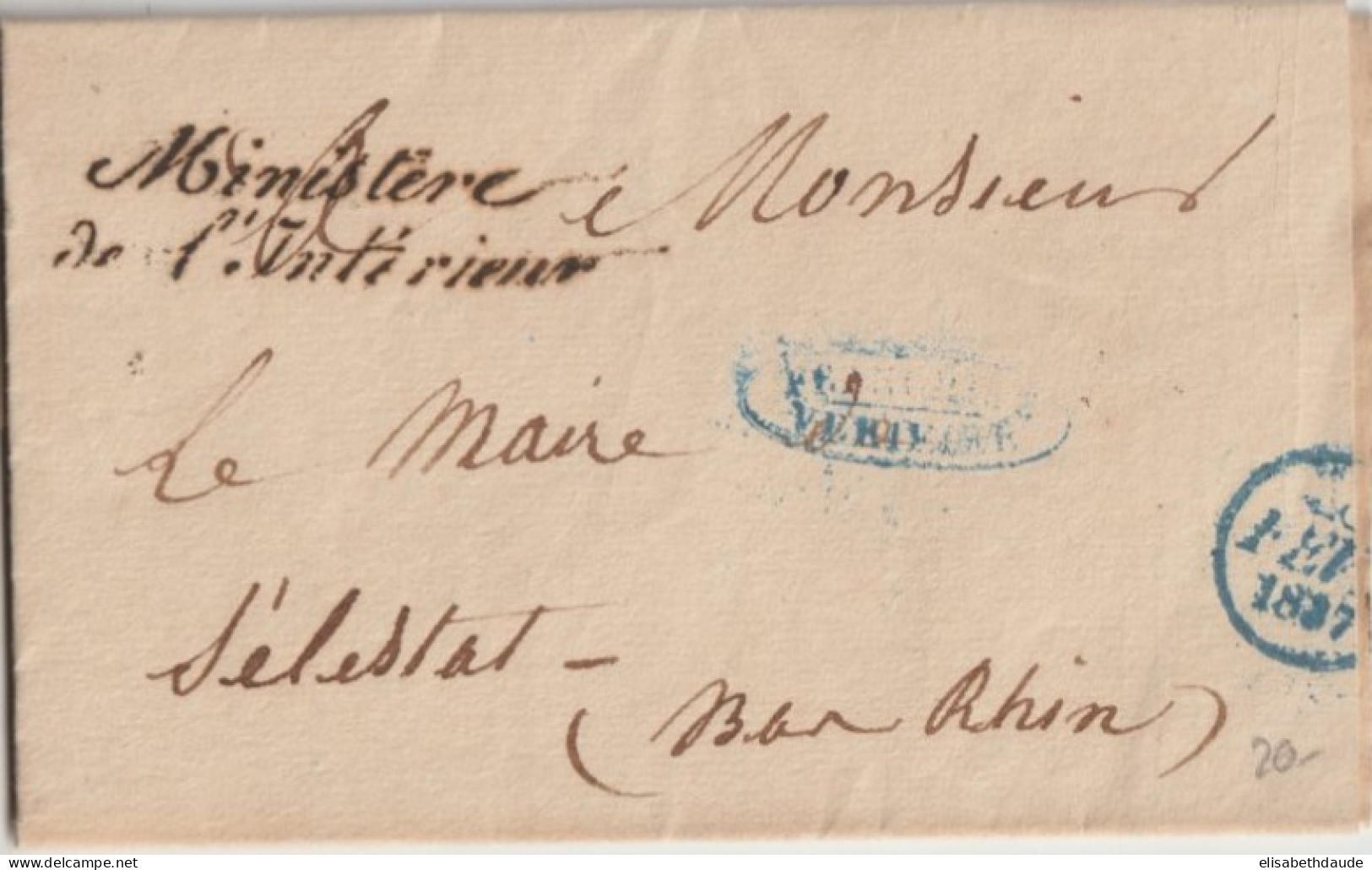 1837 - PREFECTURE De POLICE De PARIS - LETTRE FRANCHISE VERIFIEE ! MARQUE MINISTERE De L'INTERIEUR SUP ! => SELESTAT - Lettere In Franchigia Civile