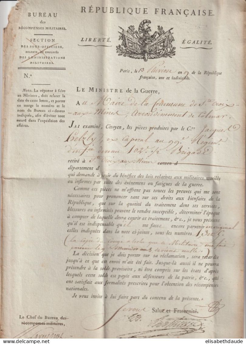 AN 9 - MINISTERE DE LA GUERRE / BLESSES ET RECOMPENSES DE GUERRE - LETTRE FRANCHISE => STE CROIX AUX MINES (ALSACE) - Legerstempels (voor 1900)