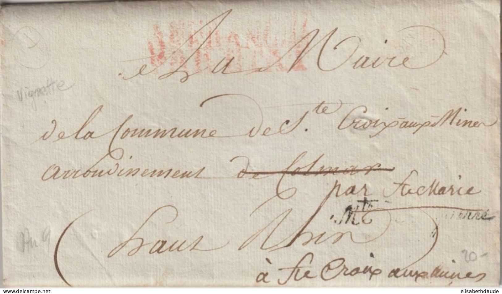 AN 9 - MINISTERE DE LA GUERRE / BLESSES ET RECOMPENSES DE GUERRE - LETTRE FRANCHISE => STE CROIX AUX MINES (ALSACE) - Army Postmarks (before 1900)