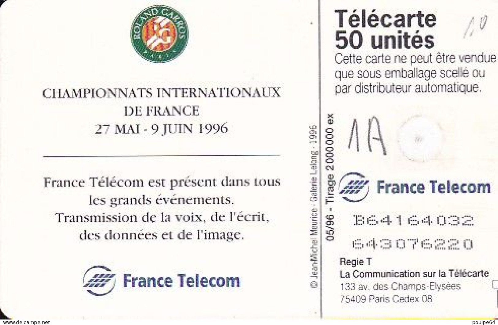 F646 05/1996 - ROLAND GARROS 96 - 50 GEM1A - (verso : N° Deux Ligne Vers La Gauche) - 1996