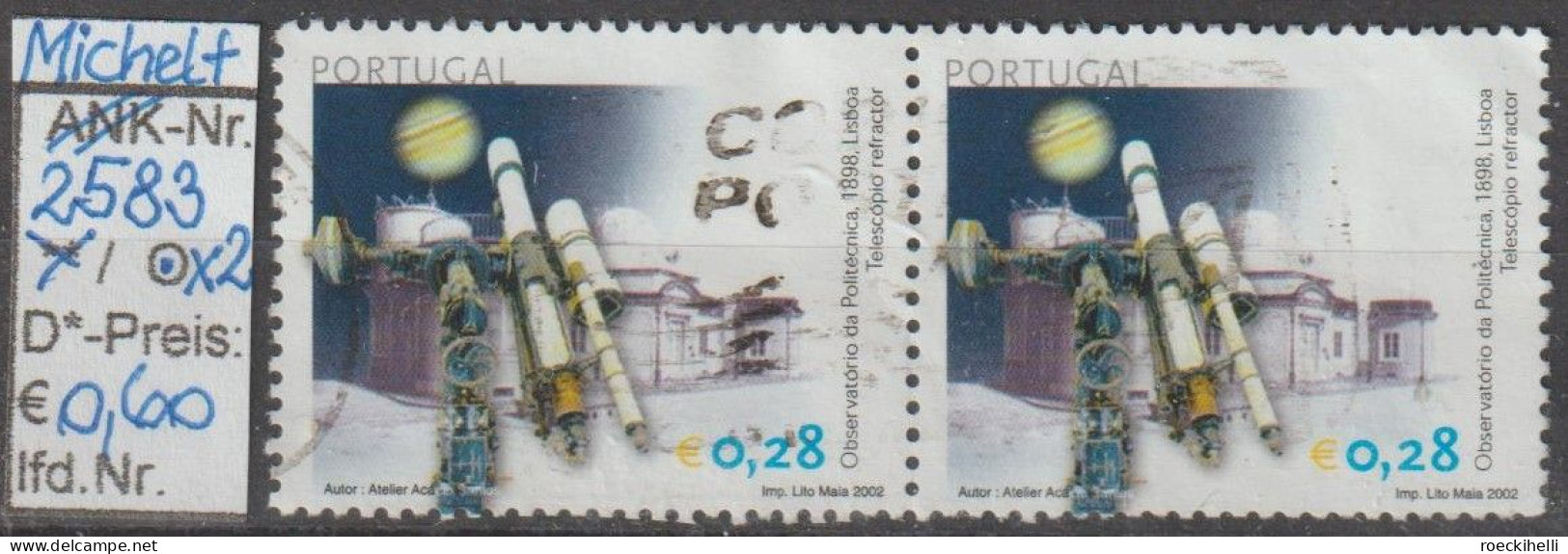 2002 - PORTUGAL - SM "Astronomie - Spiegelteleskop" 0,28 € Mehrf. - 2x O Gestempelt - S.Scan (port 2583o X2) - Usado