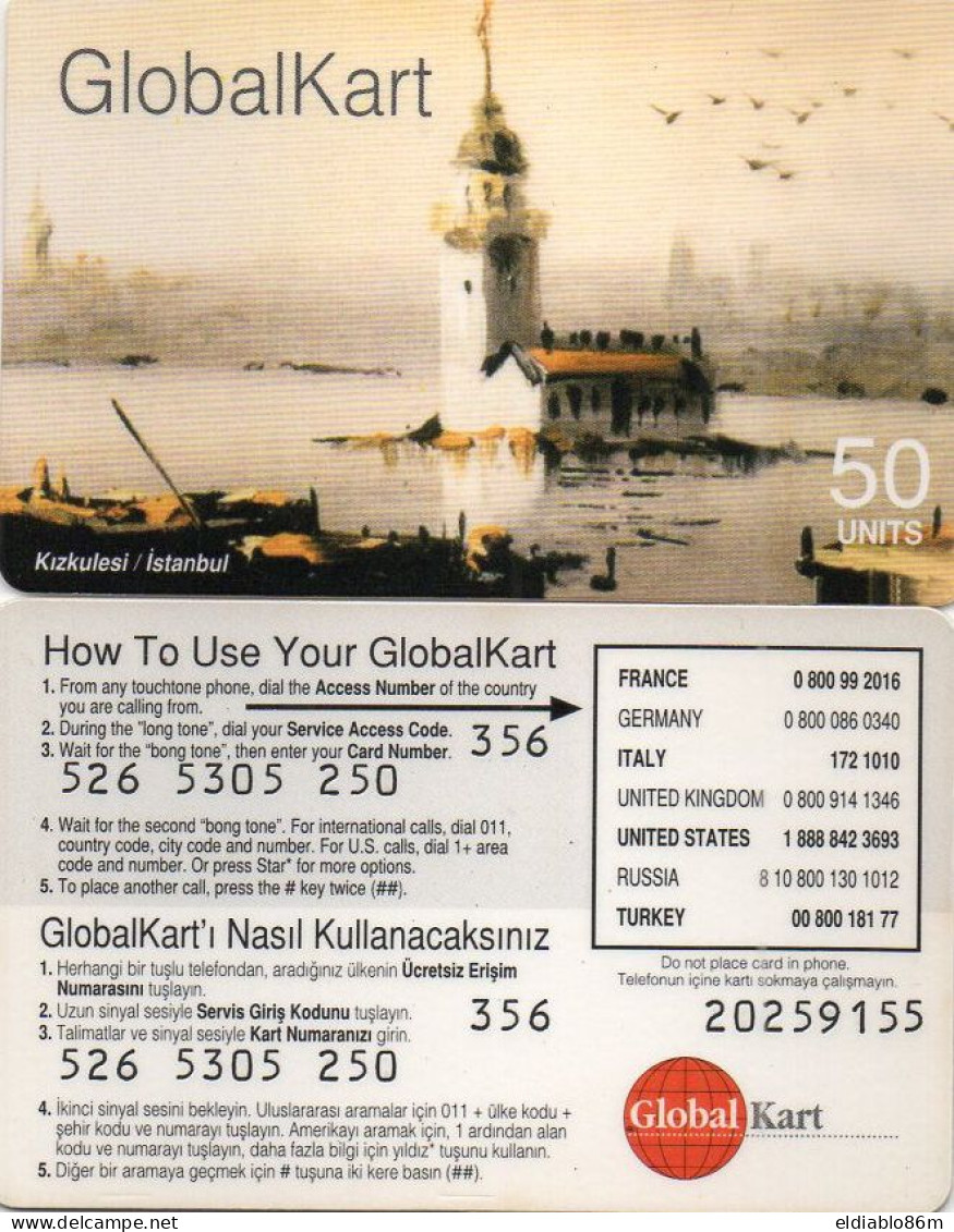 TURKEY - PREPAID - GLOBALKART - MONUMENT - KIZKULESI (MAIDEN'S TOWER) ISTANBUL - 50 UNITS - Turkey