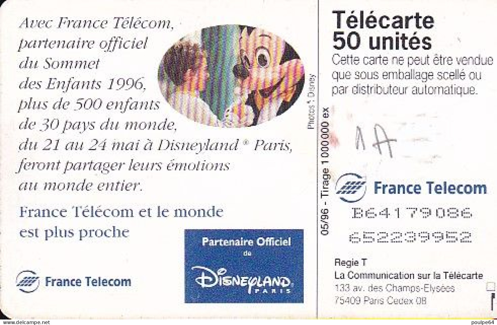 F649 05/1996 - MICHEY " Sommet Des Enfants " - 50 GEM1A - (verso : N° Deux Ligne Vers La Gauche) - 1996
