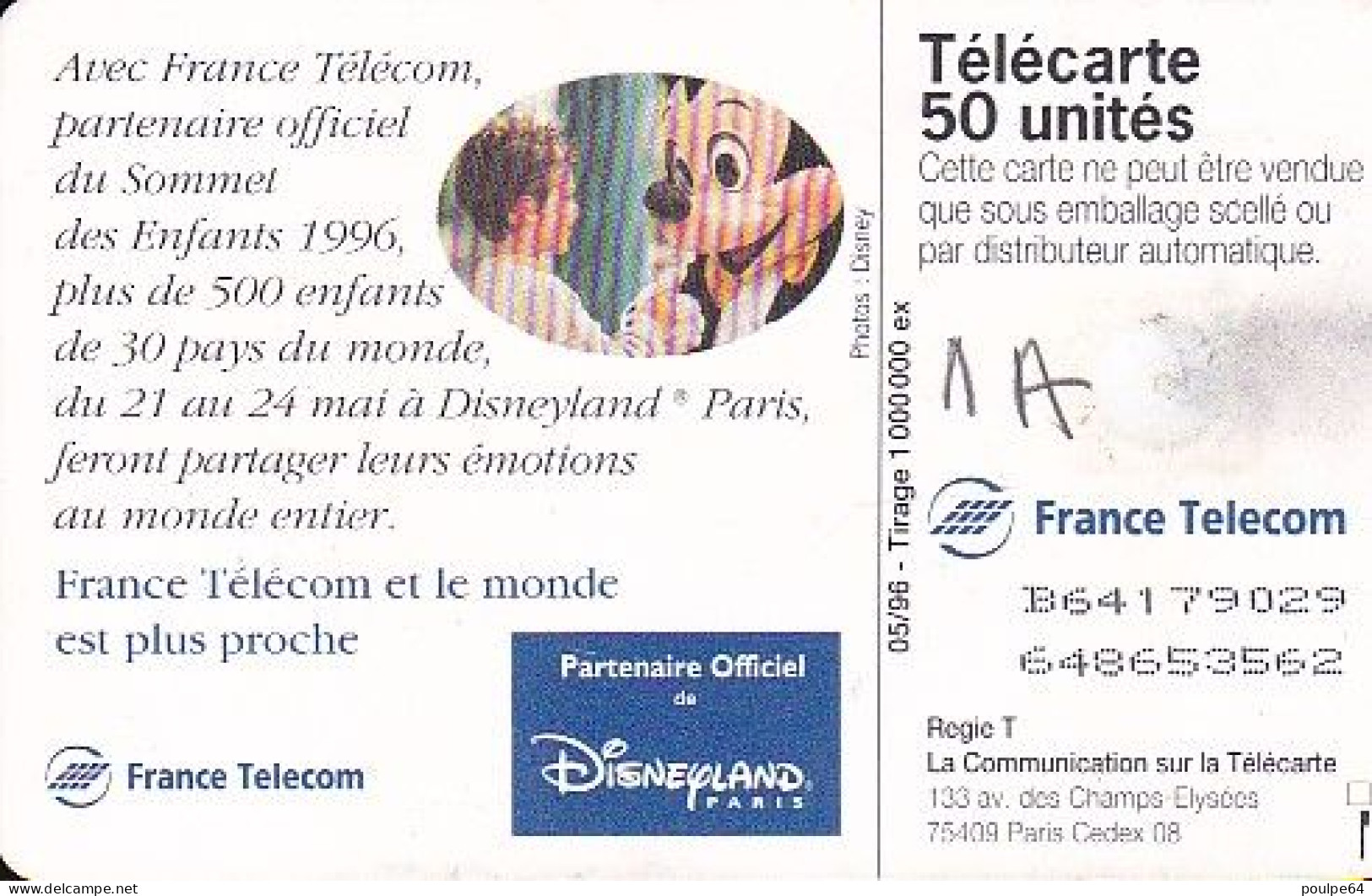 F649 05/1996 - MICHEY " Sommet Des Enfants " - 50 GEM1A - (verso : N° Deux Ligne Vers La Droite) - 1996