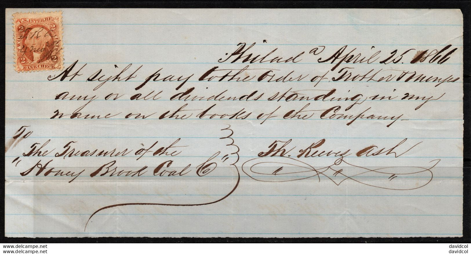 CA874- USA REVENUE - 1862-1871- SC#: R6c- 2CTS ORANGE BANK CHECK - ON DOCUMENT APRIL 25 1866 - Revenues