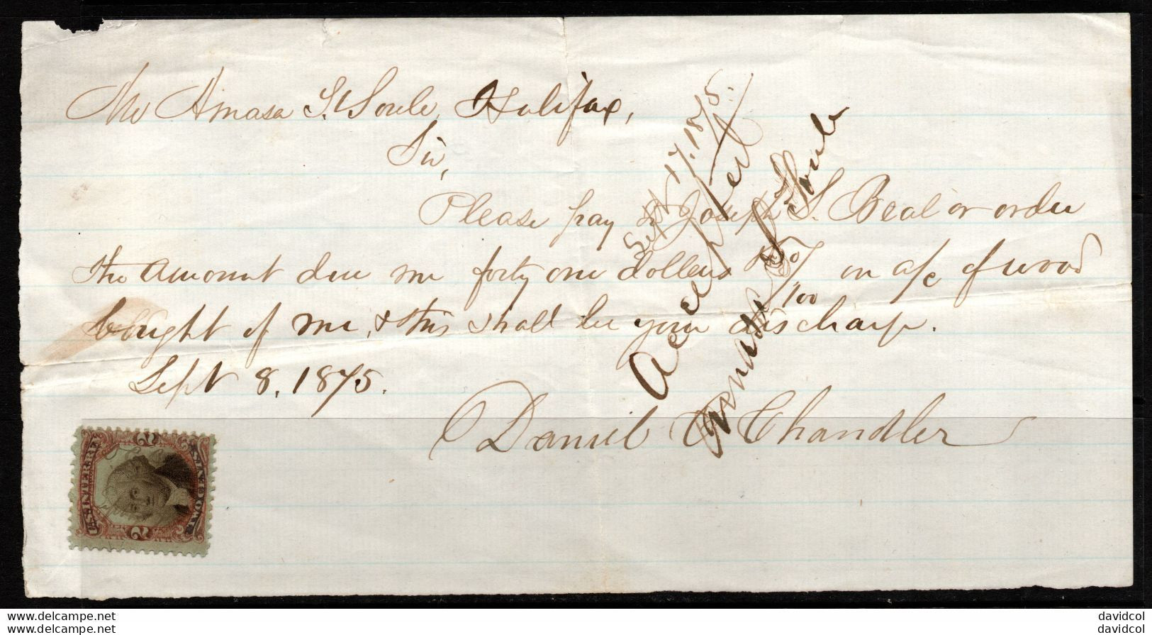 CA875 - USA REVENUE - 1871-1872- SC#: R135 - 2CTS ORANGE/BLACK US INTER. REV - ON DOCUMENT SEP. 8 1875 - Fiscale Zegels