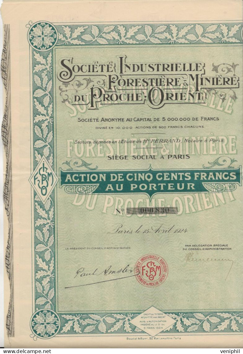 SOCIETE INDUSTRIELLE FORESTIERE ET MINIERE DU PROCHE - ORIENT - ANNEE 1924 - Miniere