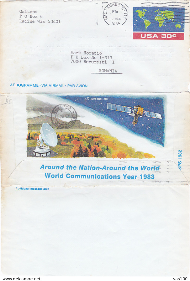 AIRMAIL, WORLD MAP,  COMMUNICATIONS YEAR, AEROGRAMME, 1984, USA - 3a. 1961-… Usati