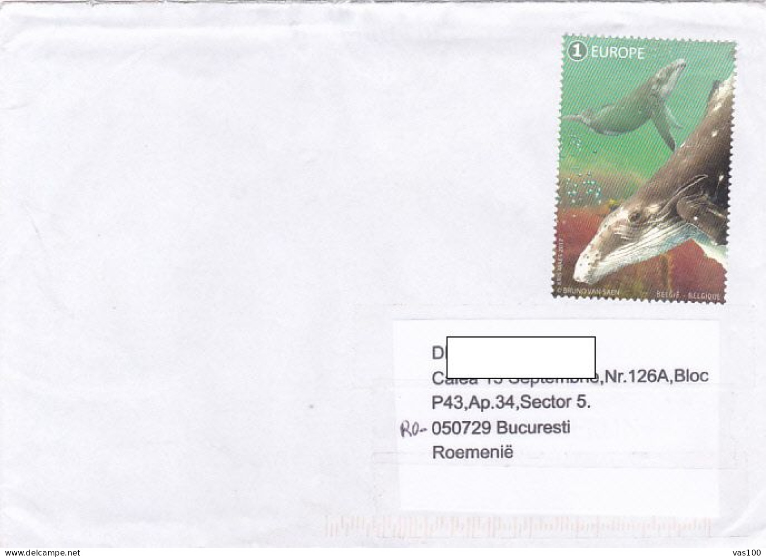 WHALES, STAMP ON COVER, 2017, BELGIUM - Storia Postale